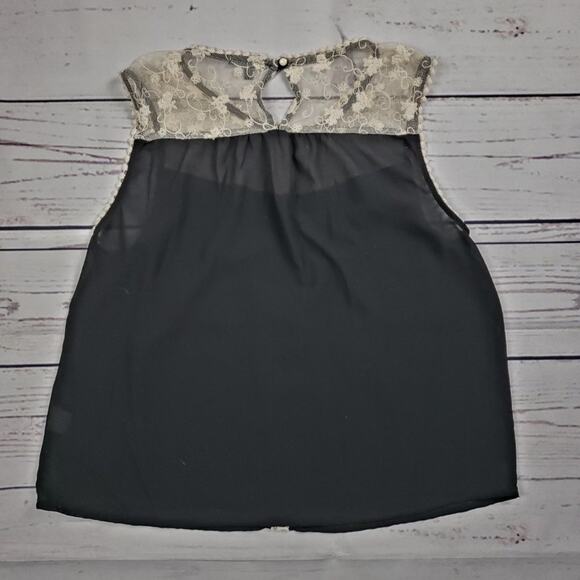 Monteau Black Ivory Lace Decorated Keyhole Back Blouse Women's Size Medium - Picture 6 of 7